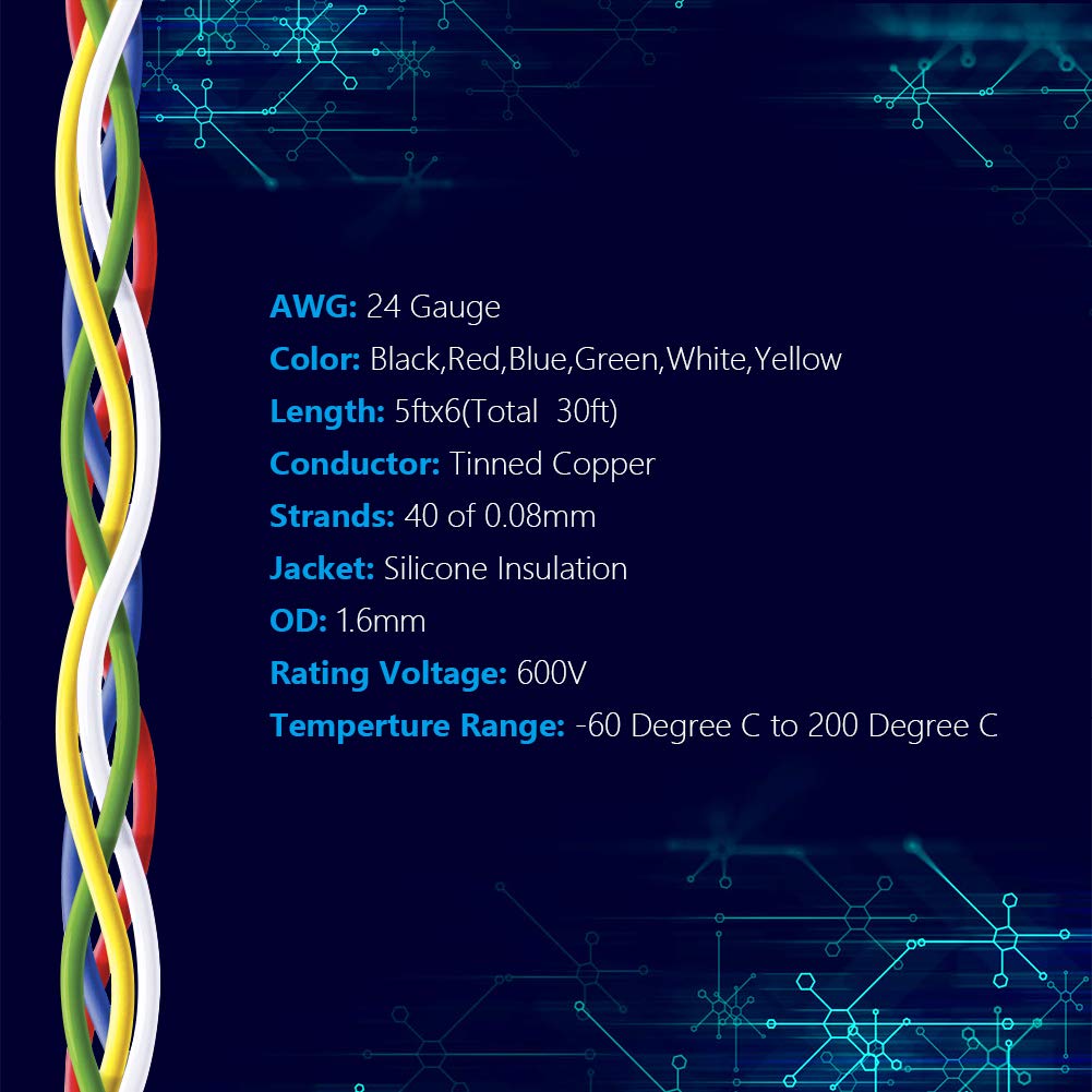 Fermerry 30 AWG Stranded Wire Spool 25ft Each 6 Colors Flexible 30 Gauge Silicone Hook up Wire Kit Electrical Tinned Copper Wire