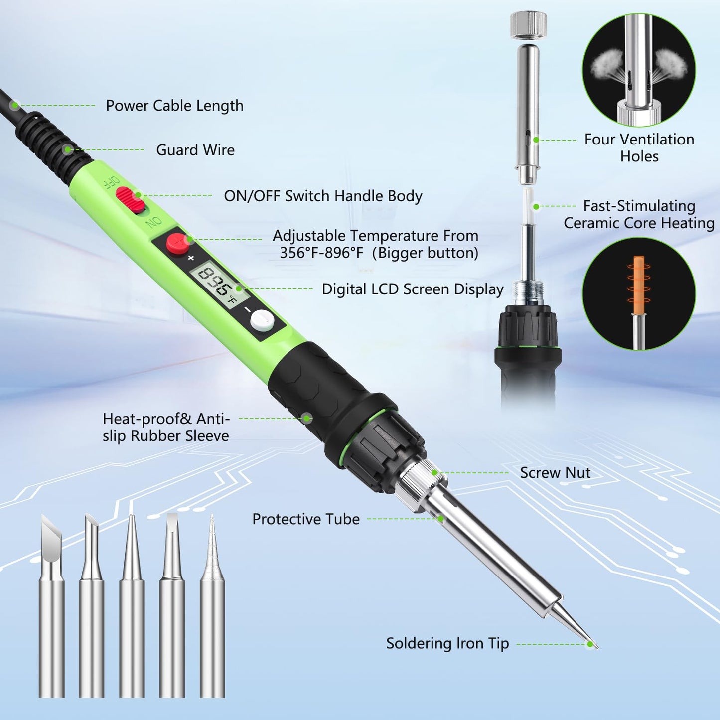 Soldering Iron Kit, 80W 110V LCD Digital Solder Iron Pen with Ceramic Heater, Portable Welding Tools with 5pcs Tips, Stand, Solders Wire, Sponge, Paste, for Metal,Electric Repairs, DIY