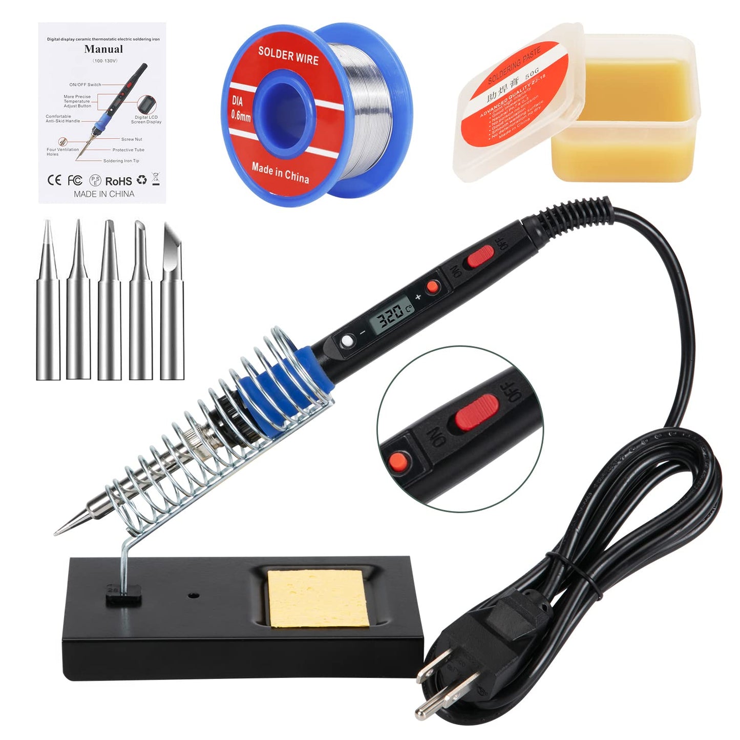 Soldering Iron Kit, 80W 110V LCD Digital Solder Iron Pen with Ceramic Heater, Portable Welding Tools with 5pcs Tips, Stand, Solders Wire, Sponge, Paste, for Metal,Electric Repairs, DIY