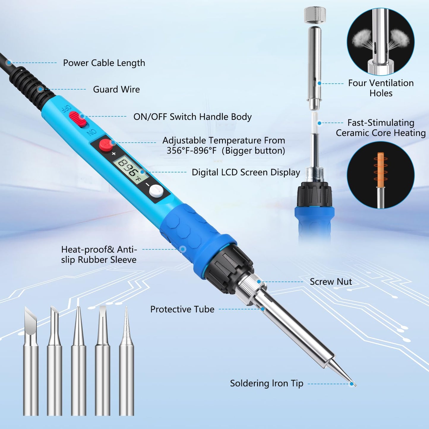 Soldering Iron Kit, 80W 110V LCD Digital Solder Iron Pen with Ceramic Heater, Portable Welding Tools with 5pcs Tips, Stand, Solders Wire, Sponge, Paste, for Metal,Electric Repairs, DIY