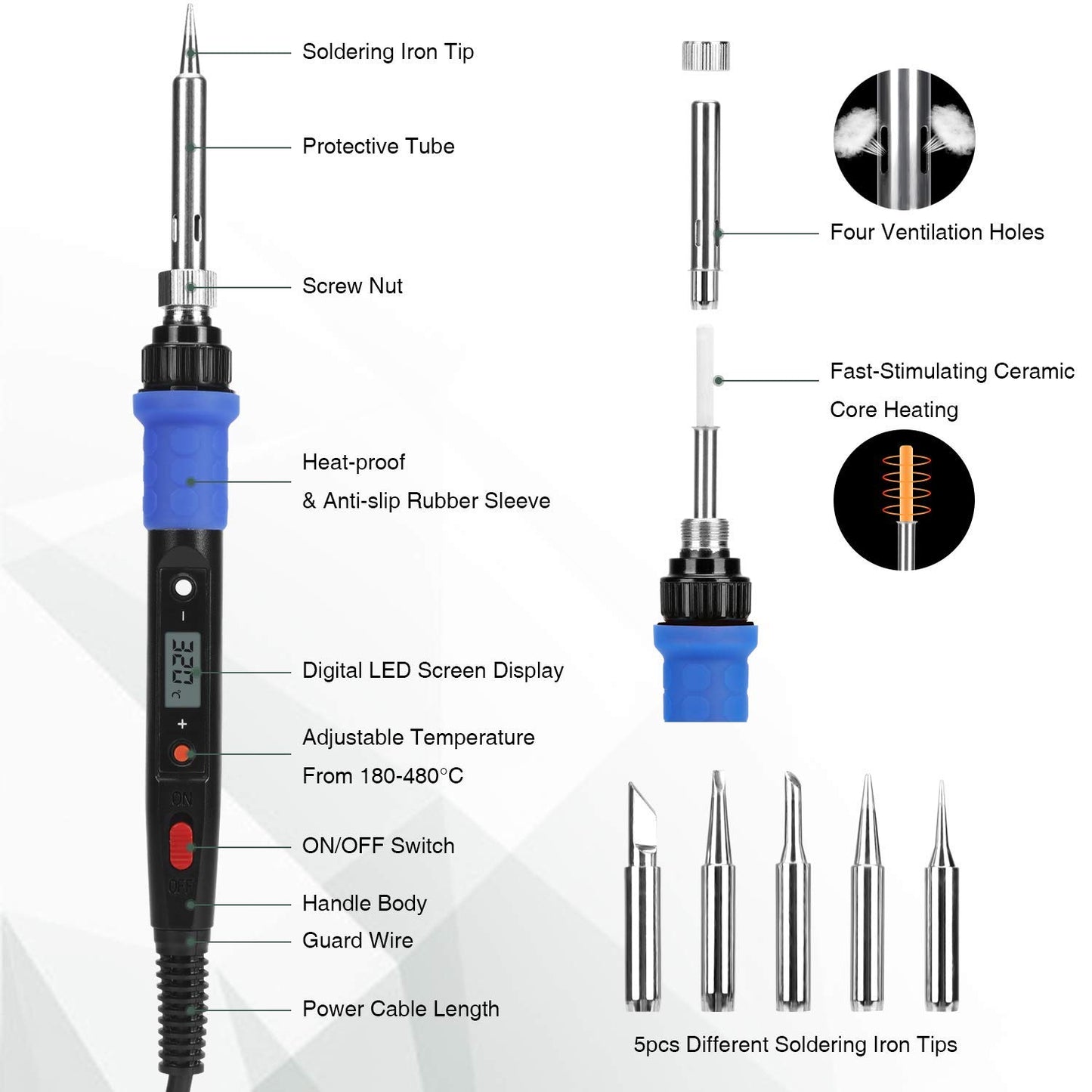 Soldering Iron Kit, 80W 110V LCD Digital Solder Iron Pen with Ceramic Heater, Portable Welding Tools with 5pcs Tips, Stand, Solders Wire, Sponge, Paste, for Metal,Electric Repairs, DIY