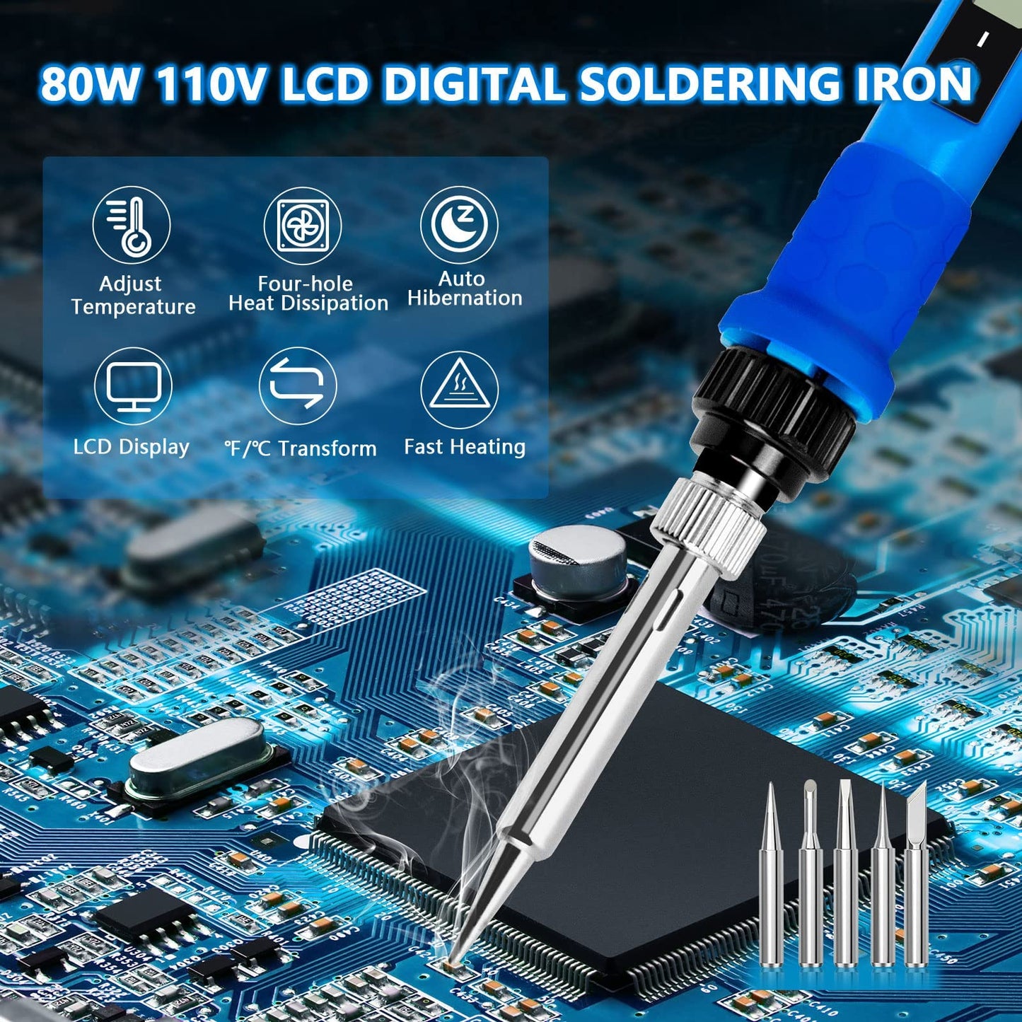 Soldering Iron Kit, 80W 110V LCD Digital Solder Iron Pen with Ceramic Heater, Portable Welding Tools with 5pcs Tips, Stand, Solders Wire, Sponge, Paste, for Metal,Electric Repairs, DIY