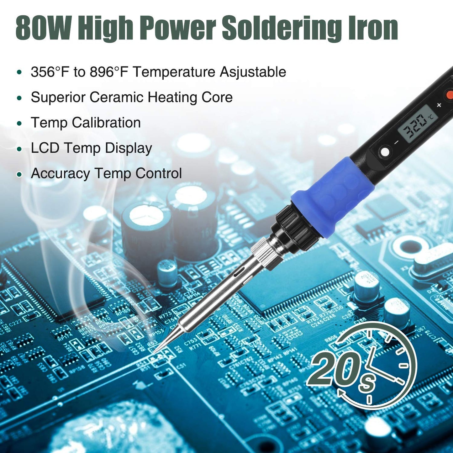 Soldering Iron Kit, 80W 110V LCD Digital Solder Iron Pen with Ceramic Heater, Portable Welding Tools with 5pcs Tips, Stand, Solders Wire, Sponge, Paste, for Metal,Electric Repairs, DIY