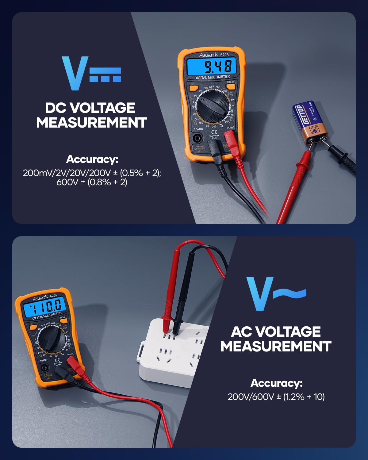 Digital Multimeter Voltage Tester, Assark 2000 Counts Multimeter Measure AC DC Voltage DC Current, Meter Tester Test Volt Ohm Amp Diode Continuity, Resistance, Backlit LCD Display, Data Hold Function