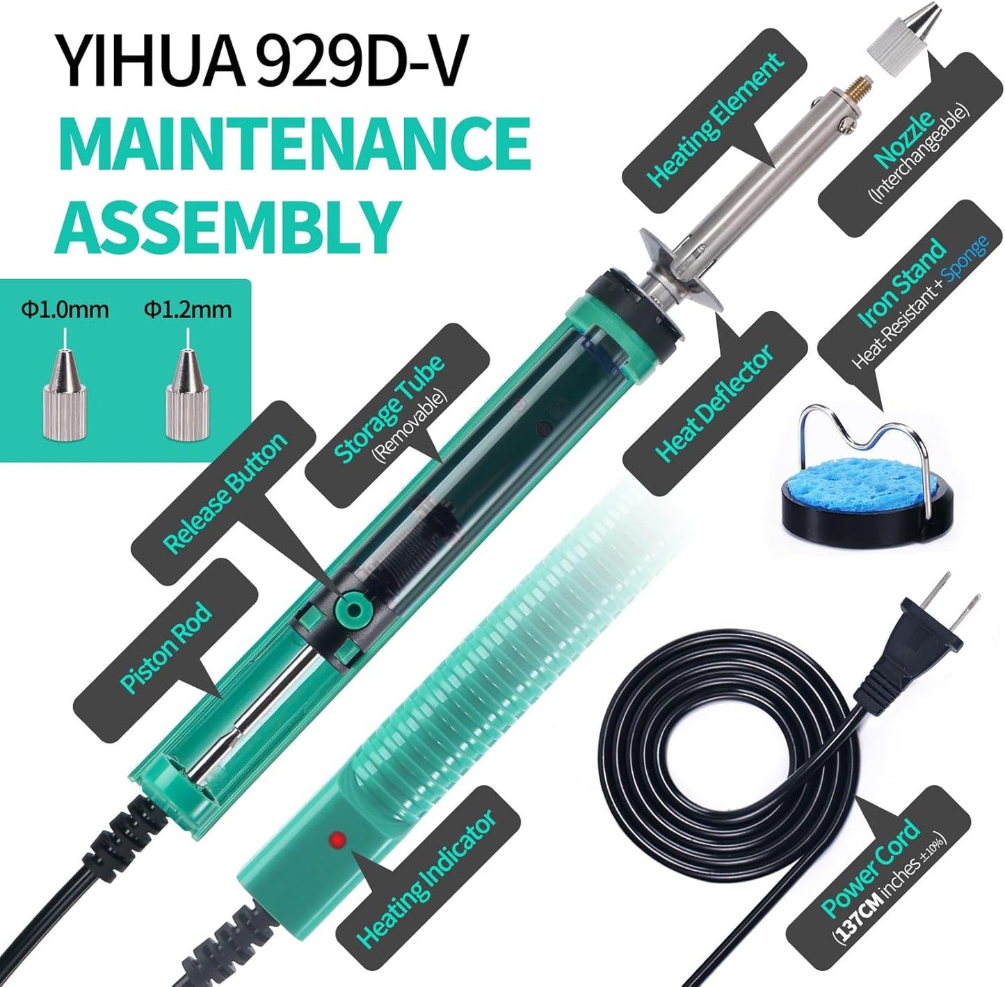 YIHUA 929D-V Electric Desoldering Soldering Iron Solder Sucker Desoldering Pump with Shorter Charging Handle and Desoldering Nozzles 1.0mm 1.2mm for Through-Hole Desoldering